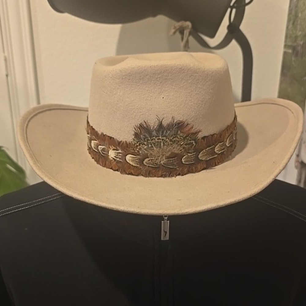 Cattle King Hi Roller Cowboy Hat 7 3/8 Beige 100% Wool Feather Band Western Boho